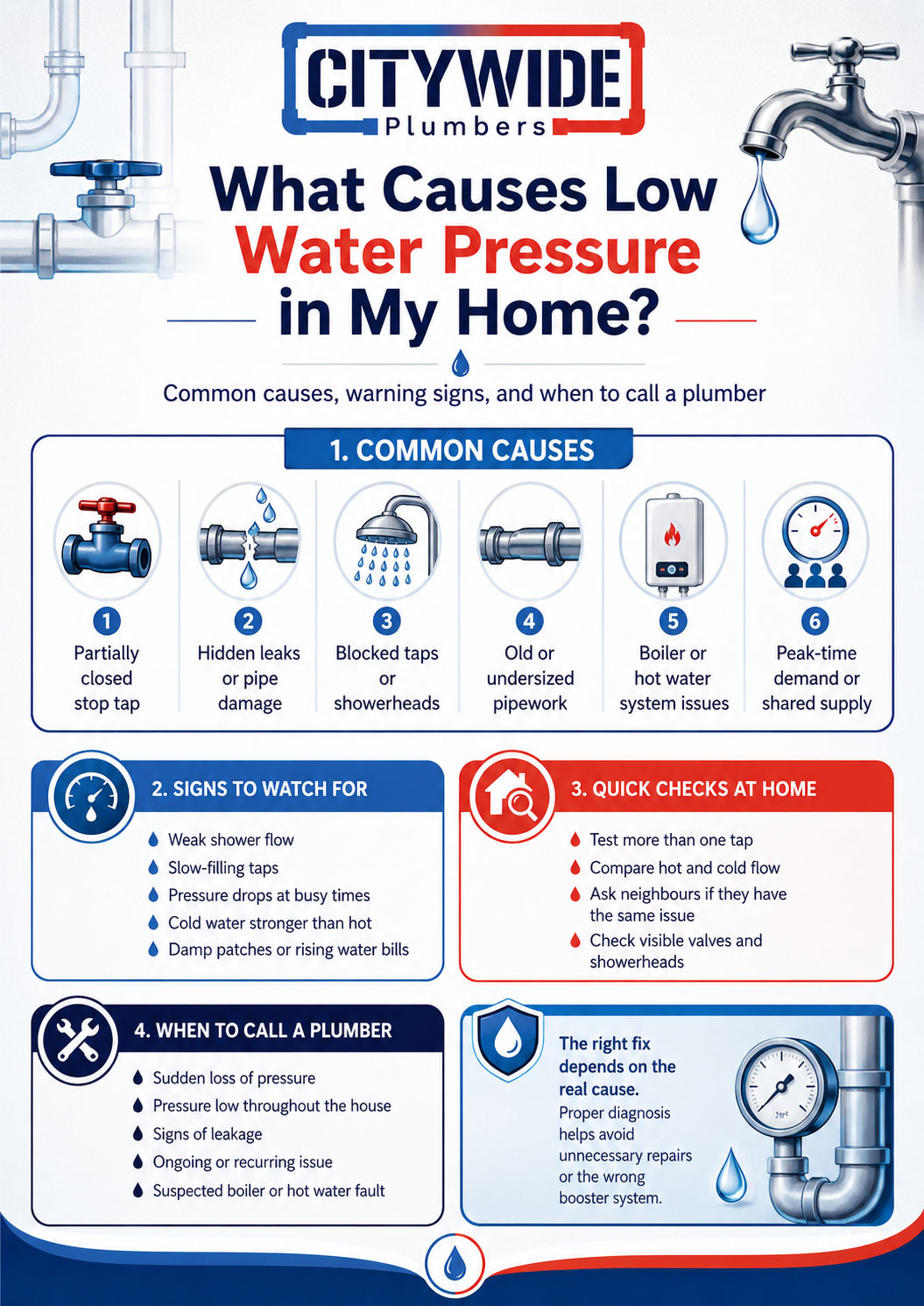 What Causes Low Water Pressure in My Home infographic by Citywide Plumbers