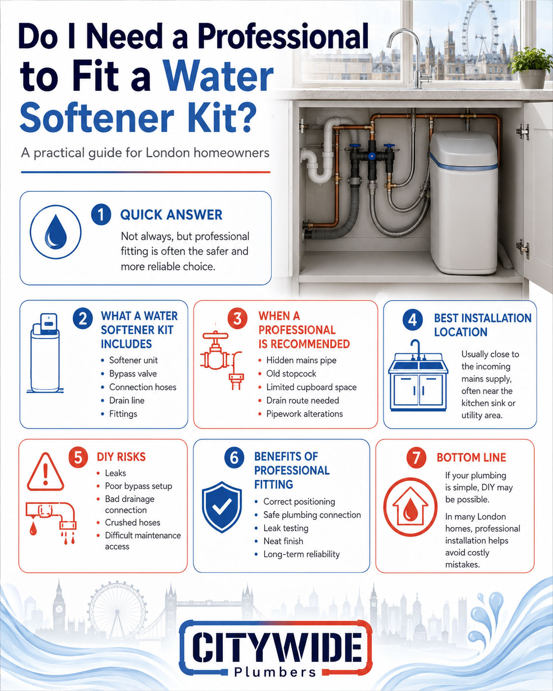 Do I Need a Professional to Fit a Water Softener Kit infographic by Citywide Plumbers