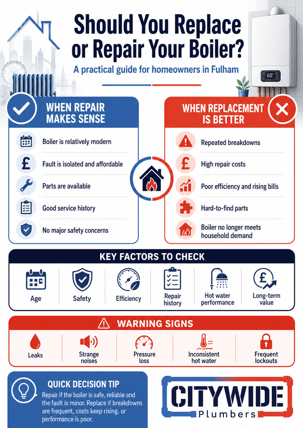 Should You Replace or Repair Your Boiler infographic for Fulham homeowners