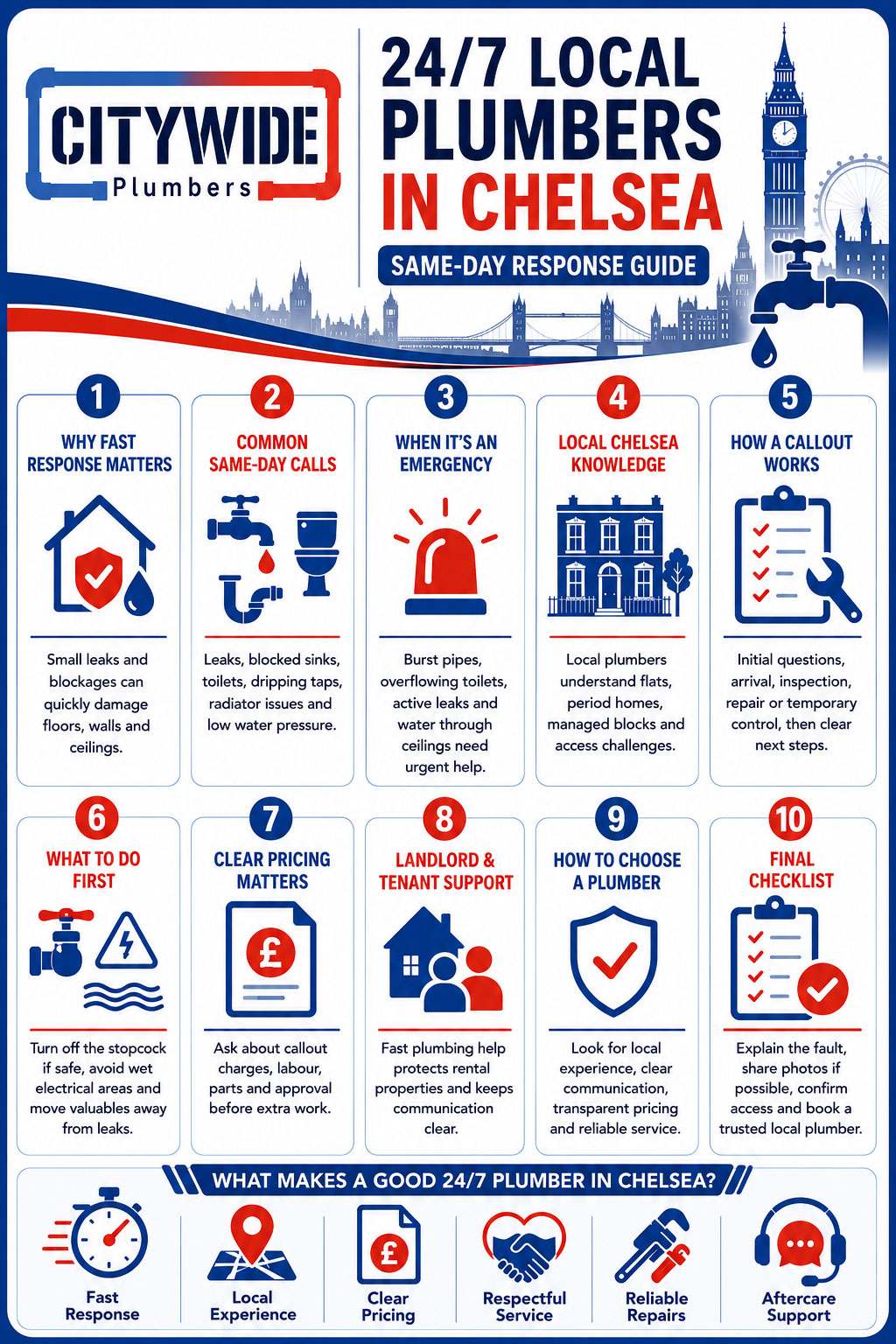 24/7 Local Plumbers in Chelsea Same-Day Response Guide Infographic by Citywide Plumbers