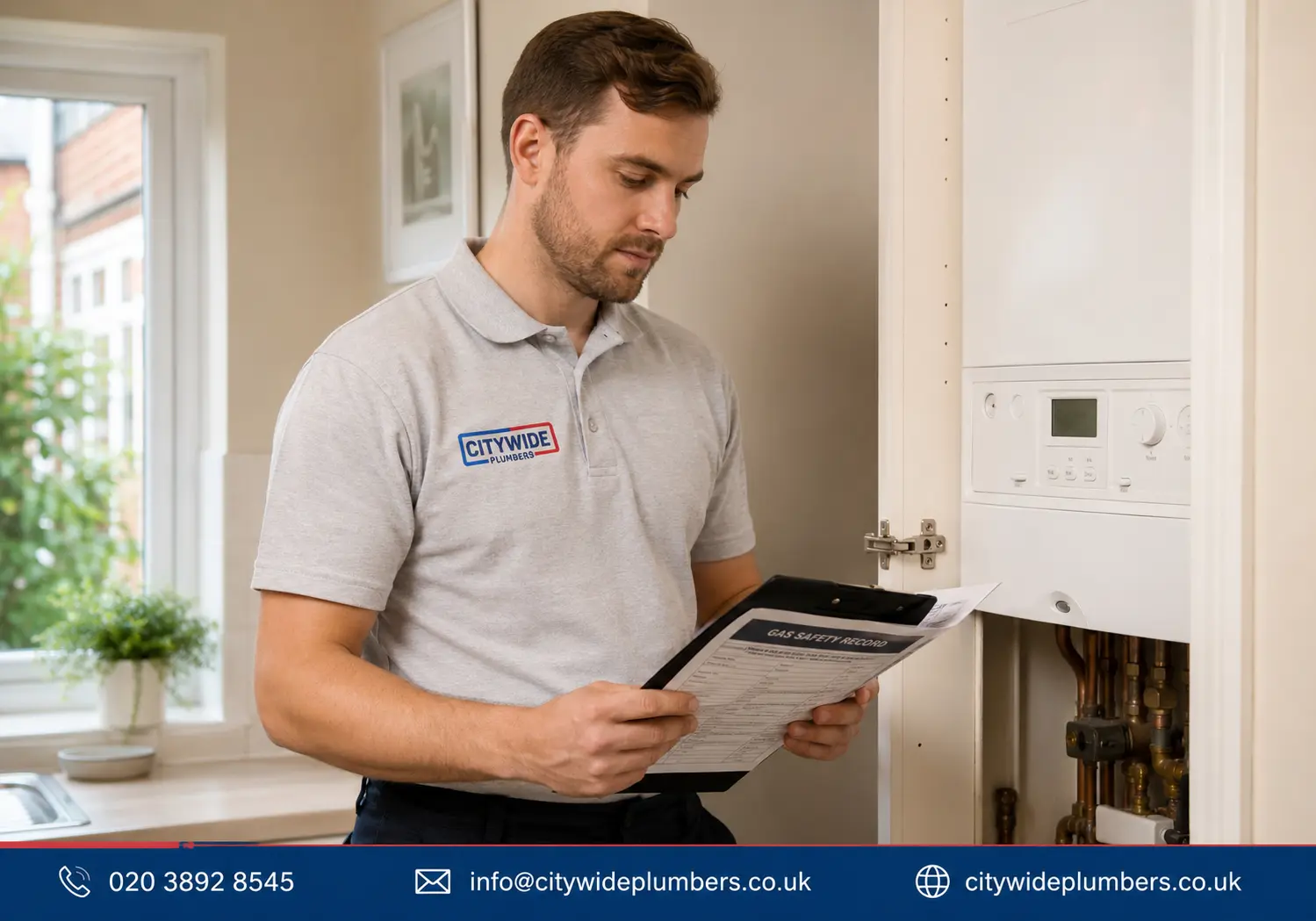 Citywide Plumbers engineer completing a CP12 Landlord Gas Safety Record at a London rental property
